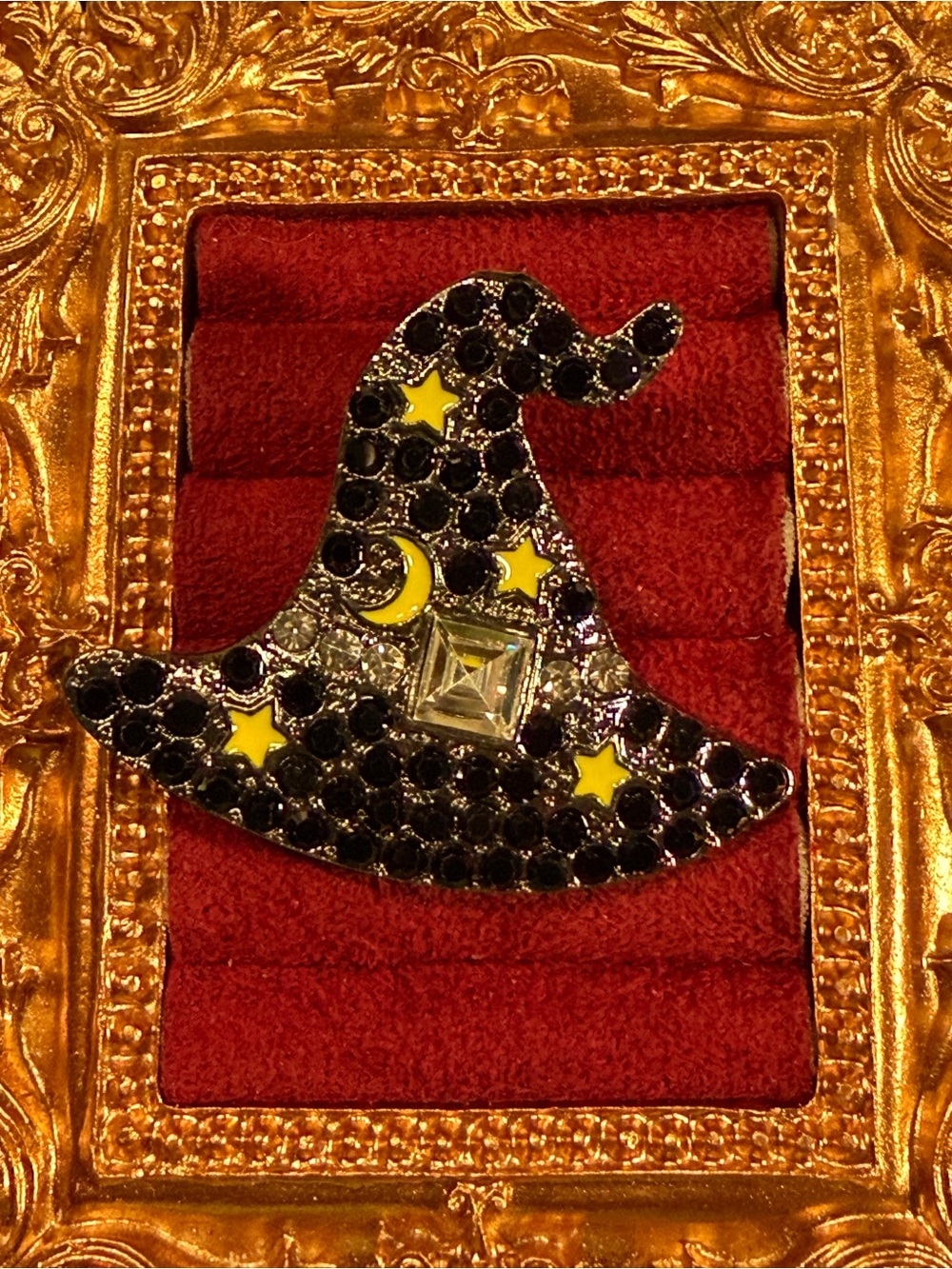 Black Wizard Witch Hat Brooch Pin with Yellow Star Accents